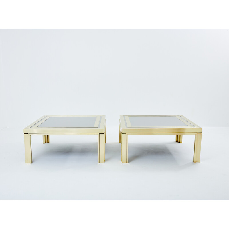 Pair of vintage coffee tables in brushed brass and steel by Giacomo Sinopoli for Liwan’s Rome, Italy 1970