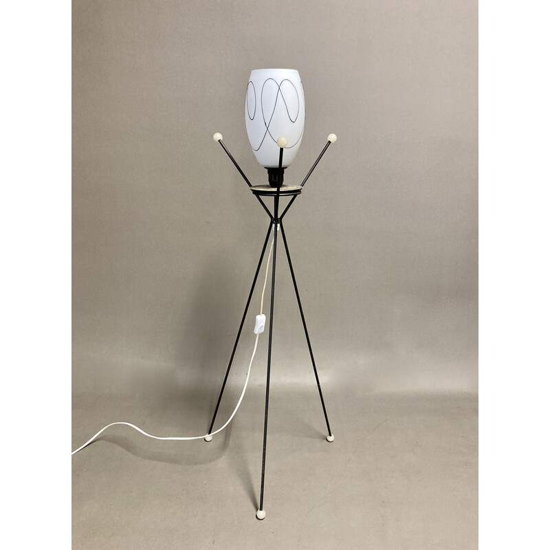 Vintage tripod floor lamp in metal and opaline glass, 1950