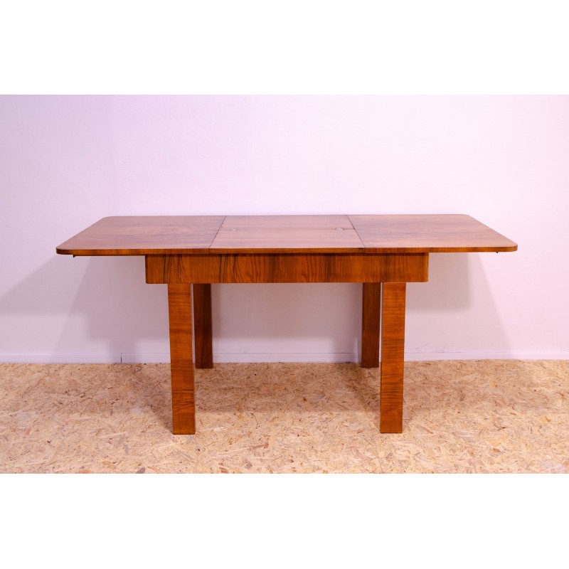 Vintage adjustable walnut wood dining table, Czechoslovakia 1930