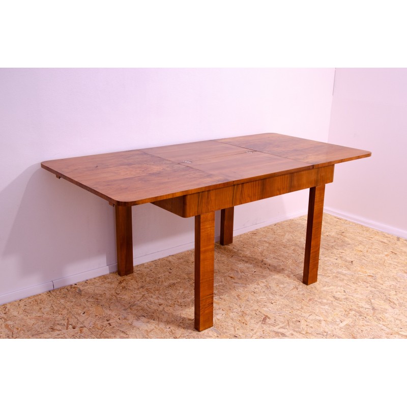 Vintage adjustable walnut wood dining table, Czechoslovakia 1930