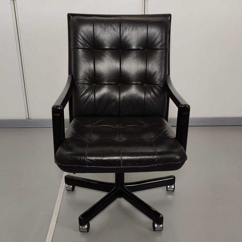 Vintage office armchair in black leather and black lacquered wood for Lübke, Germany 1980