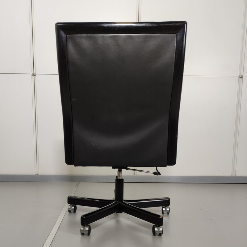 Fauteuil de bureau vintage en cuir noir et bois laqué noir pour Lübke, Allemagne 1980