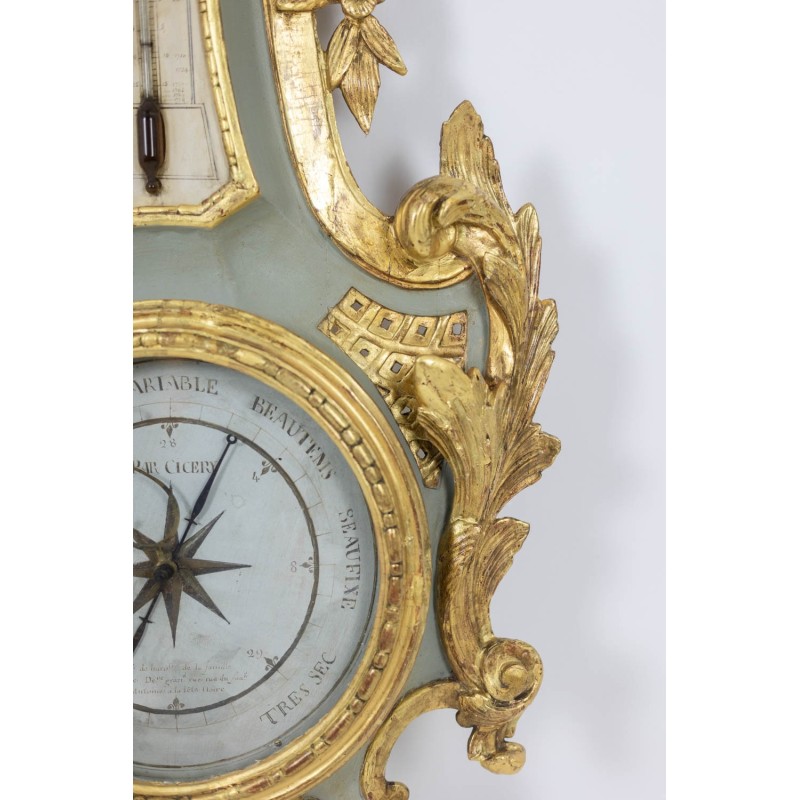 Baromètre-thermomètre vintage en bois sculpté et doré, France