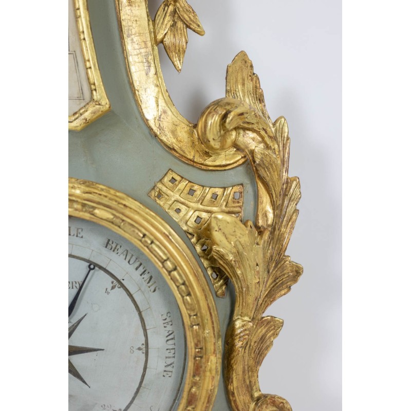 Baromètre-thermomètre vintage en bois sculpté et doré, France