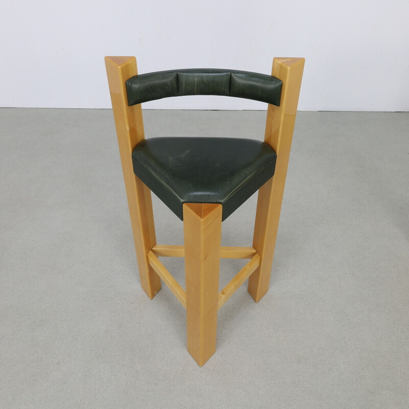 Set of 3 vintage bar stools in wood and green leather, 1990