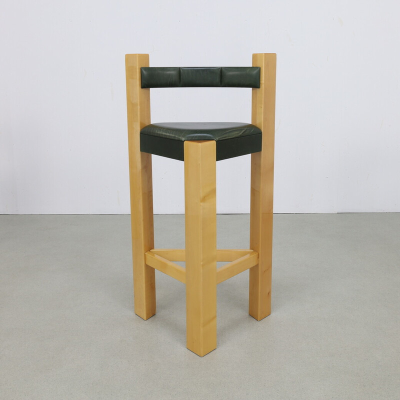 Set of 3 vintage bar stools in wood and green leather, 1990