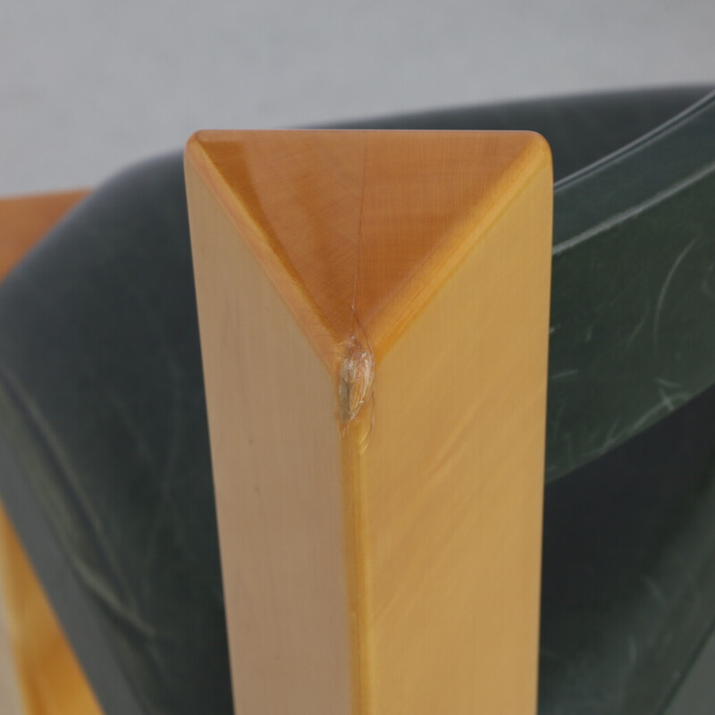 Set of 3 vintage bar stools in wood and green leather, 1990