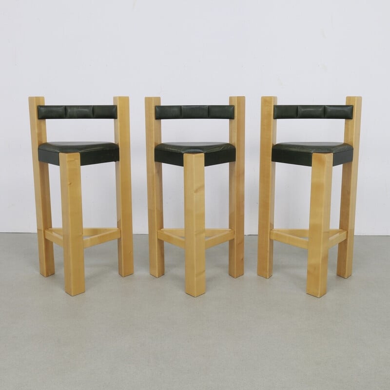 Set of 3 vintage bar stools in wood and green leather, 1990
