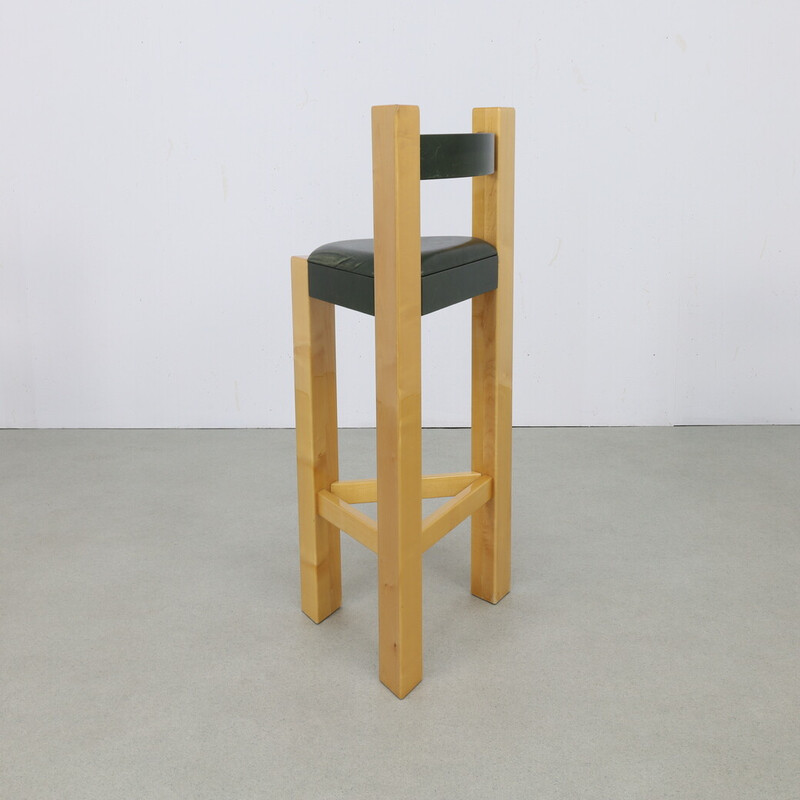 Set of 3 vintage bar stools in wood and green leather, 1990