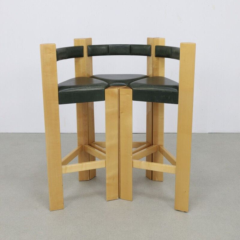 Set of 3 vintage bar stools in wood and green leather, 1990