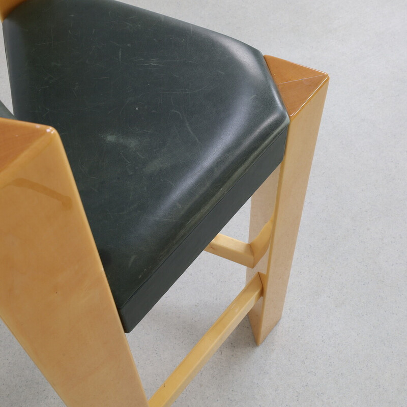 Set of 3 vintage bar stools in wood and green leather, 1990