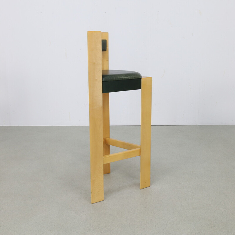 Set of 3 vintage bar stools in wood and green leather, 1990