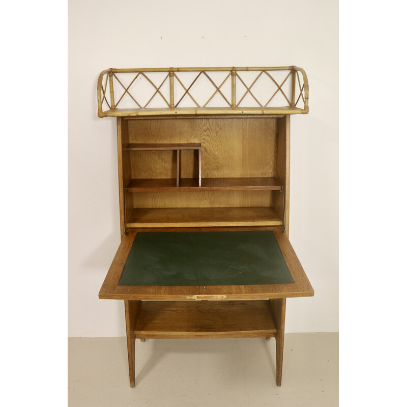 Vintage secretary desk in light wood and rattan, 1960