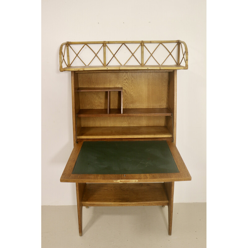 Vintage-Sekretärmöbel aus hellem Holz und Rattan, 1960