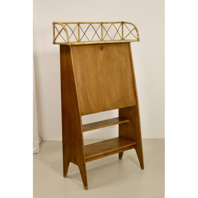 Vintage secretary desk in light wood and rattan, 1960