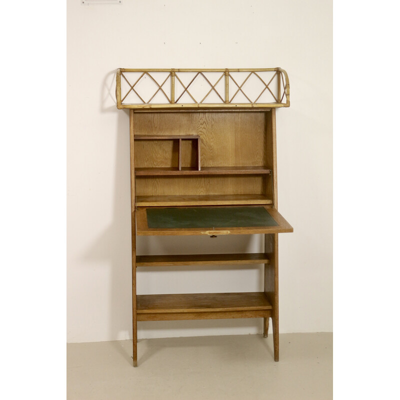 Vintage secretary desk in light wood and rattan, 1960