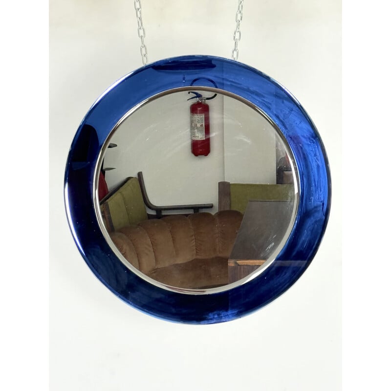Vintage ronde blauwe spiegel, Italië 1960