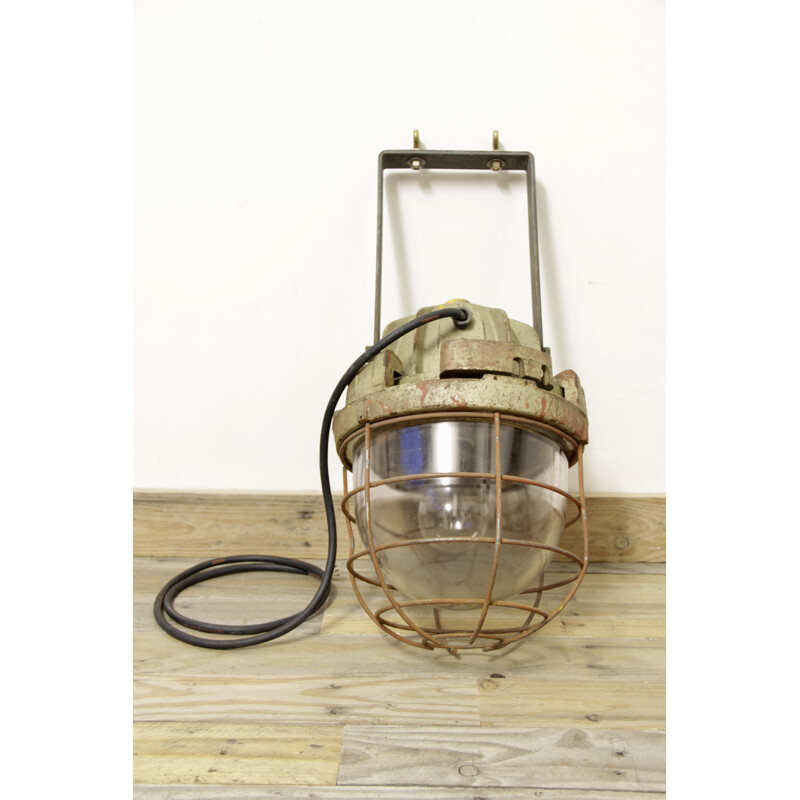 Mid century green industrial hanging lamp in steel and glass produced by Mapelec - 1950s