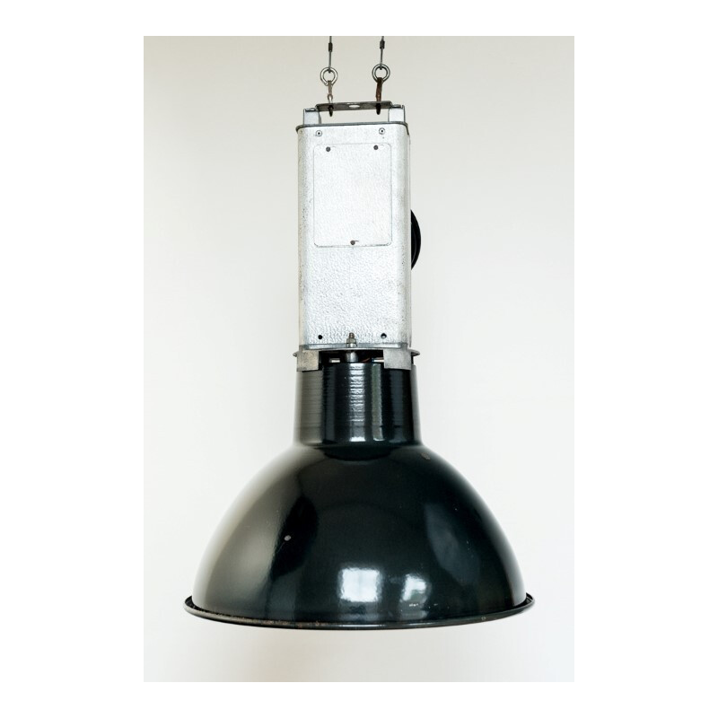 Vintage black aluminum factory lamp produced by Mazda, 1950