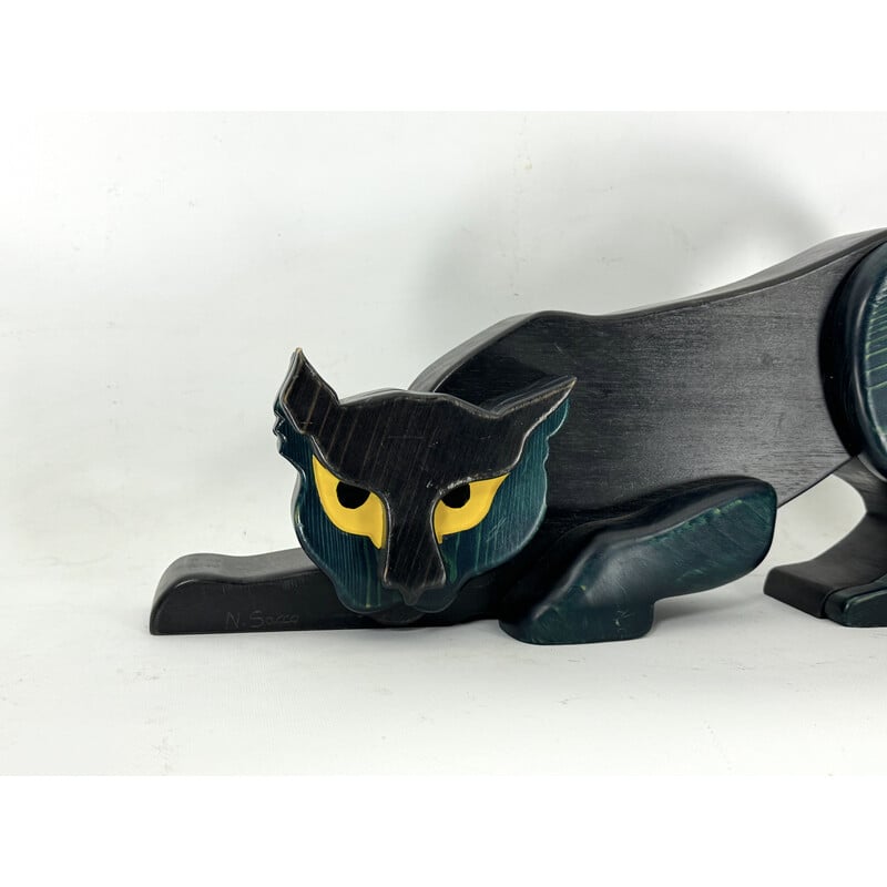 Vintage black panther sculpture in thick wood, Italy 1980
