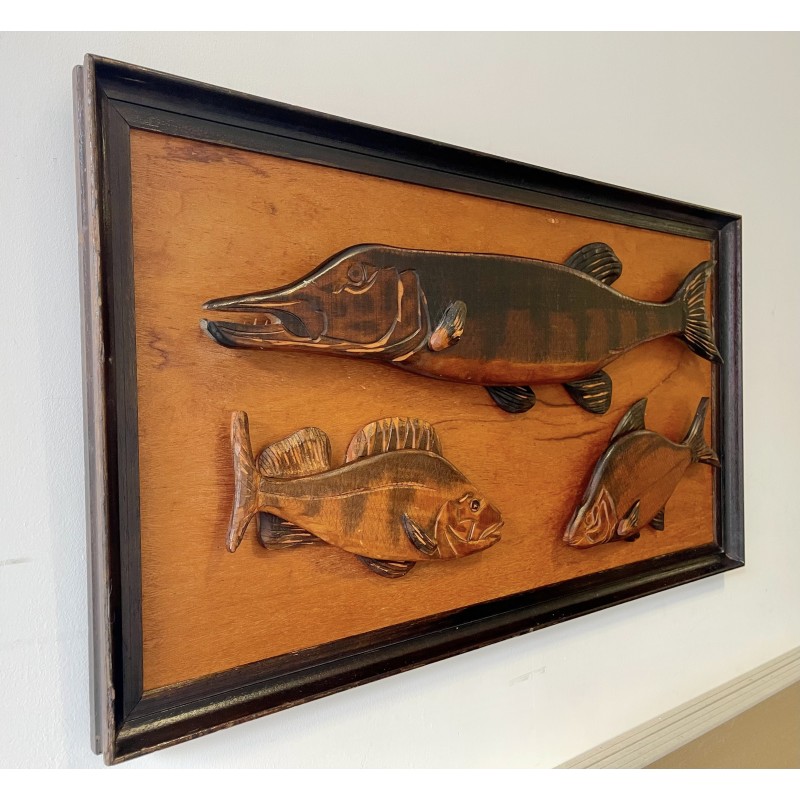 Image de 3 poissons vintage en bois massif, 1970