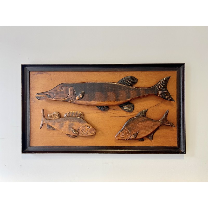 Image de 3 poissons vintage en bois massif, 1970