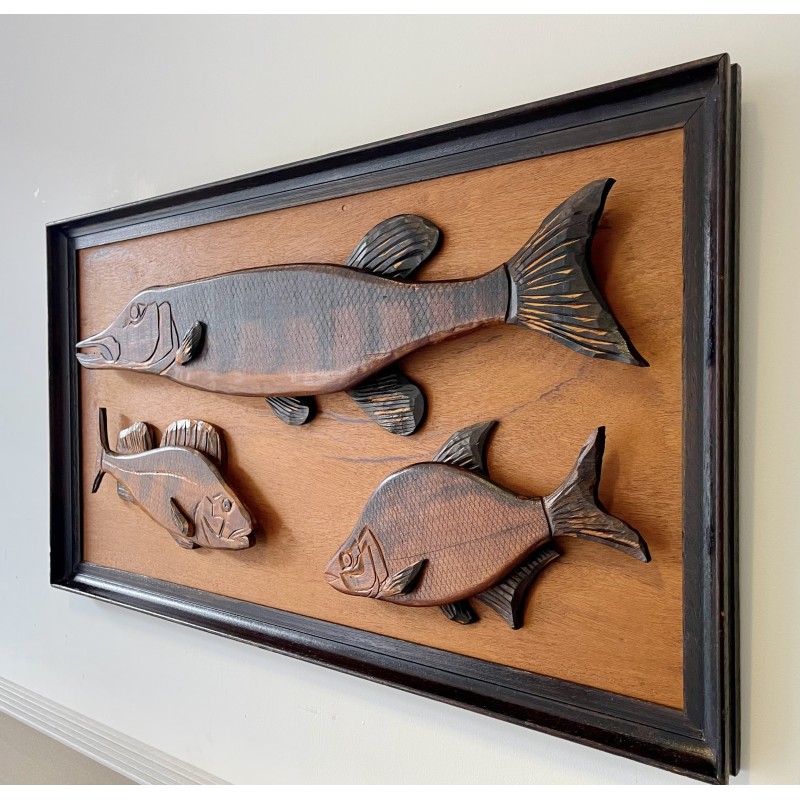 Image of 3 vintage fish in solid wood, 1970