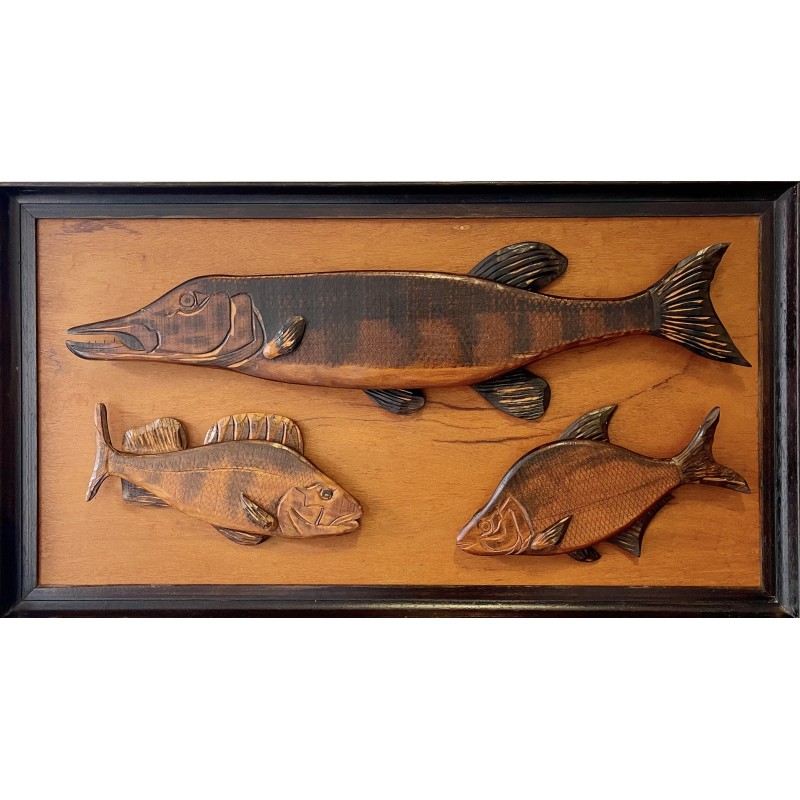 Image de 3 poissons vintage en bois massif, 1970