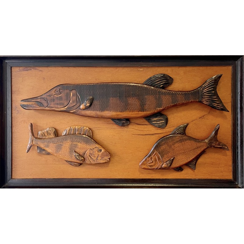 Image of 3 vintage fish in solid wood, 1970