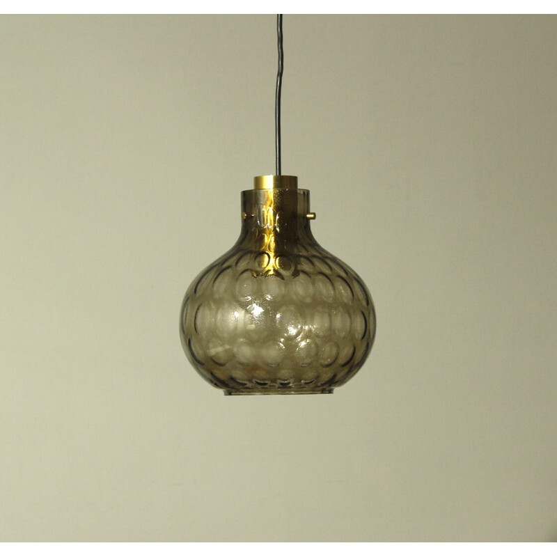 Vintage bubbled glass and brass pendant lamp by Helena Tynell for Limburg, 1960