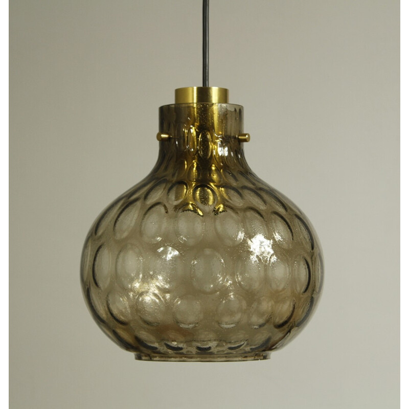 Vintage bubbled glass and brass pendant lamp by Helena Tynell for Limburg, 1960