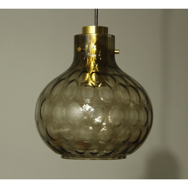 Vintage bubbled glass and brass pendant lamp by Helena Tynell for Limburg, 1960