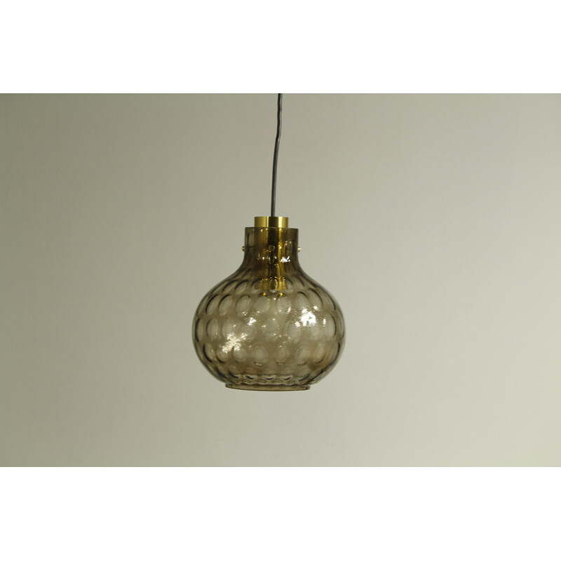 Vintage bubbled glass and brass pendant lamp by Helena Tynell for Limburg, 1960