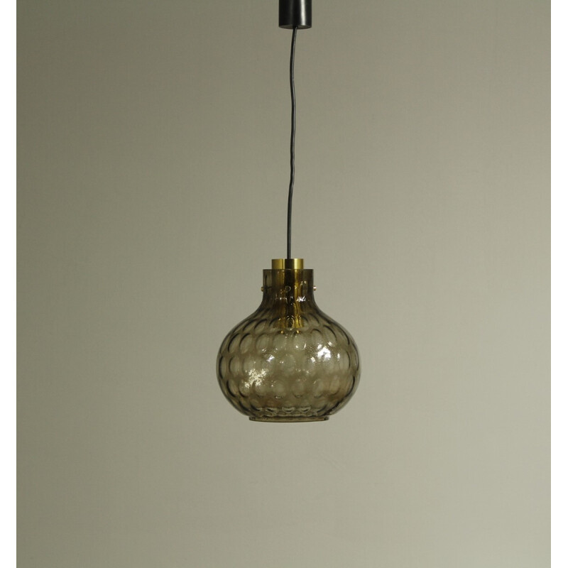 Vintage bubbled glass and brass pendant lamp by Helena Tynell for Limburg, 1960