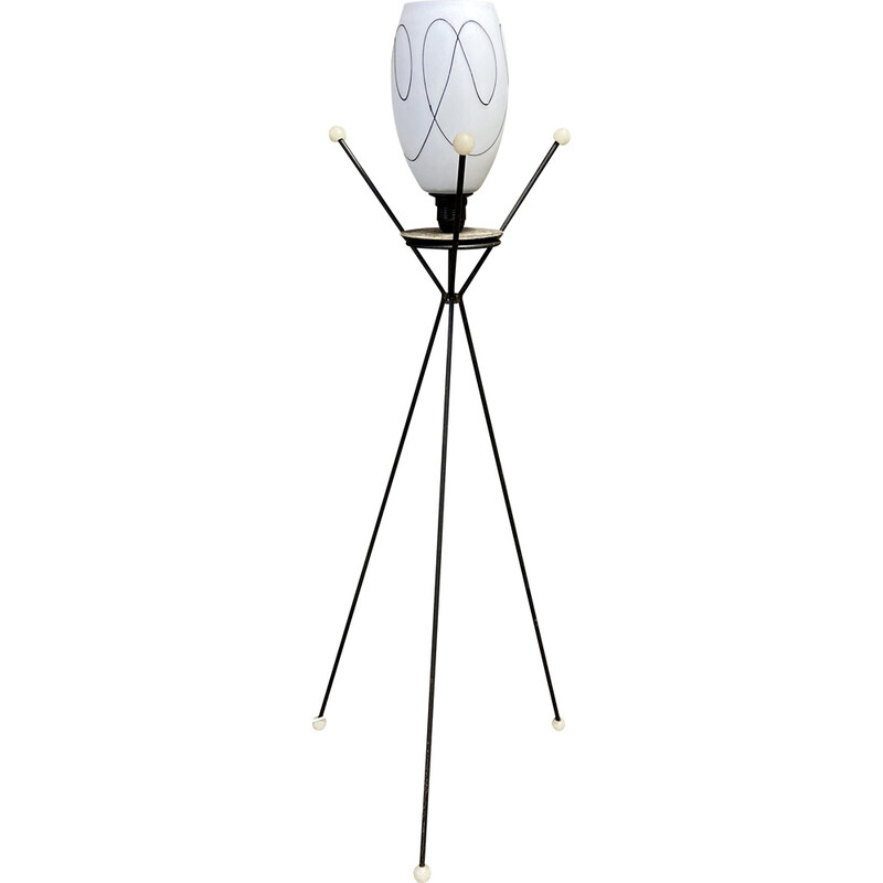 Vintage tripod floor lamp in metal and opaline glass, 1950