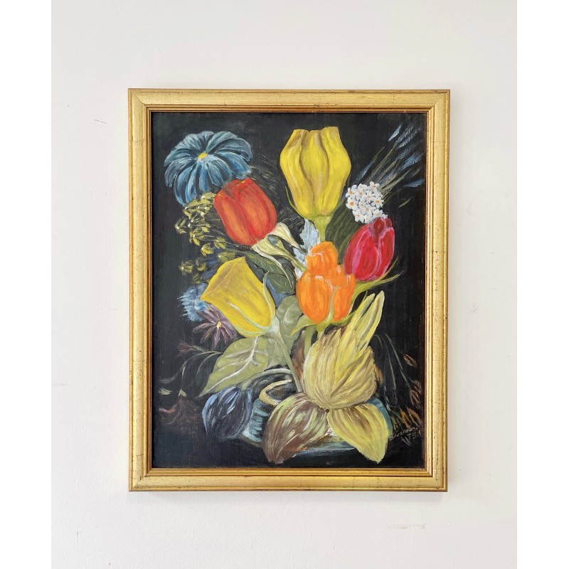 Vintage painting representing a still life with a wooden frame