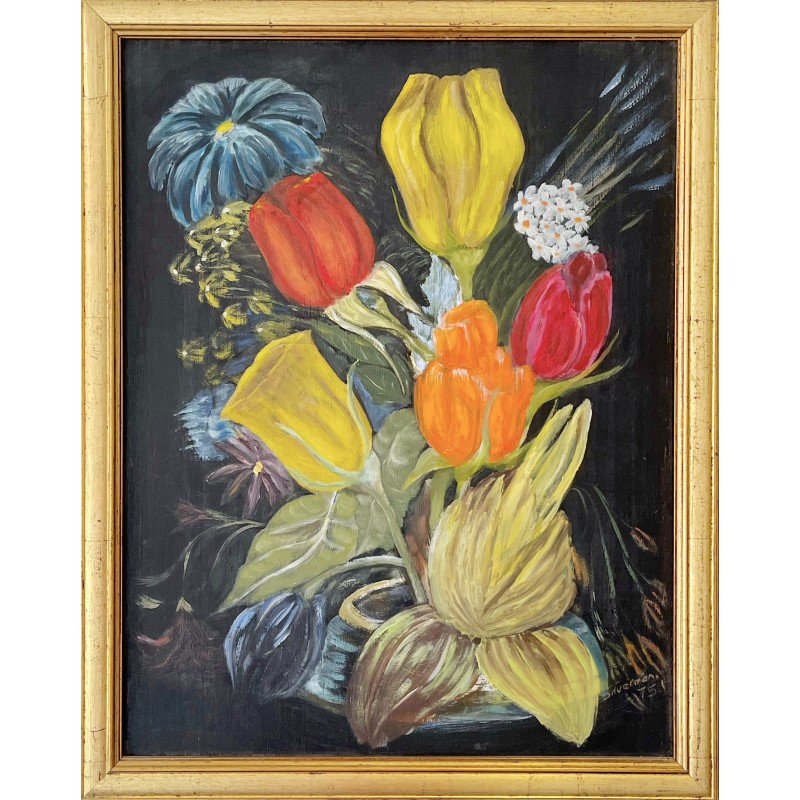 Vintage painting representing a still life with a wooden frame