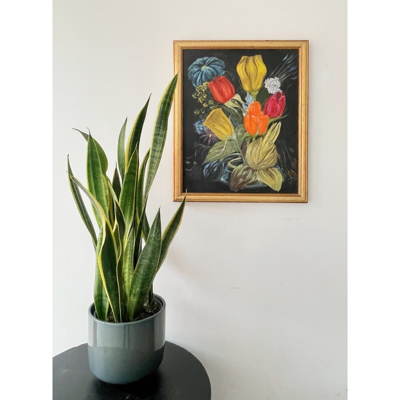 Vintage painting representing a still life with a wooden frame