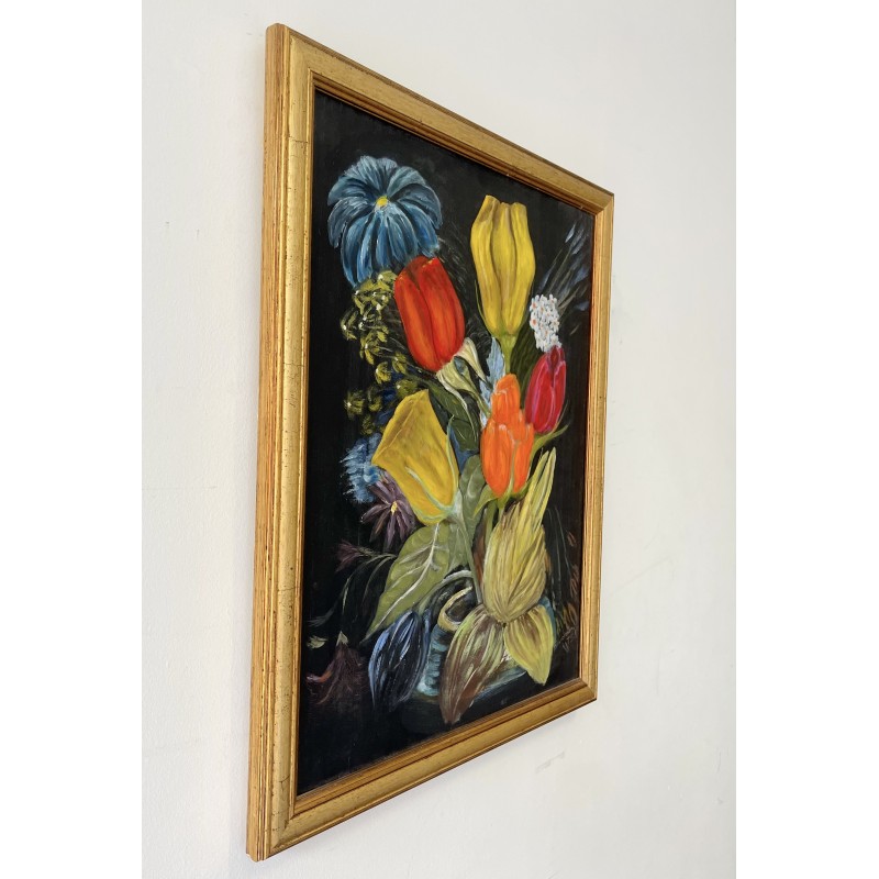 Vintage painting representing a still life with a wooden frame