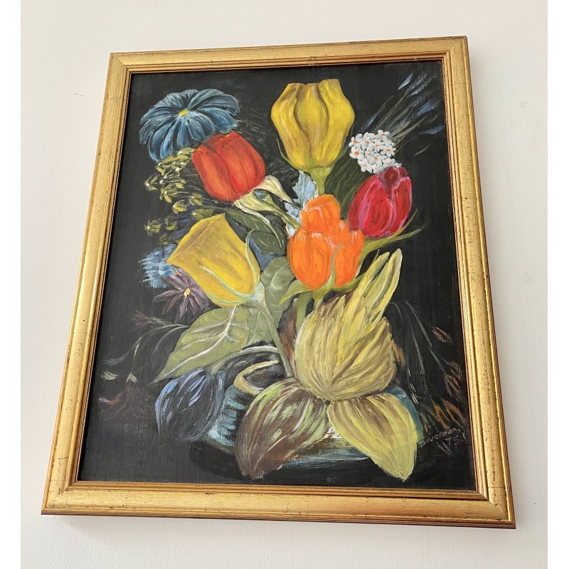 Vintage painting representing a still life with a wooden frame