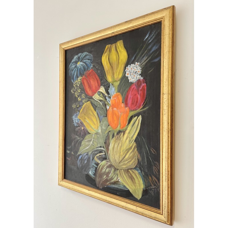 Vintage painting representing a still life with a wooden frame