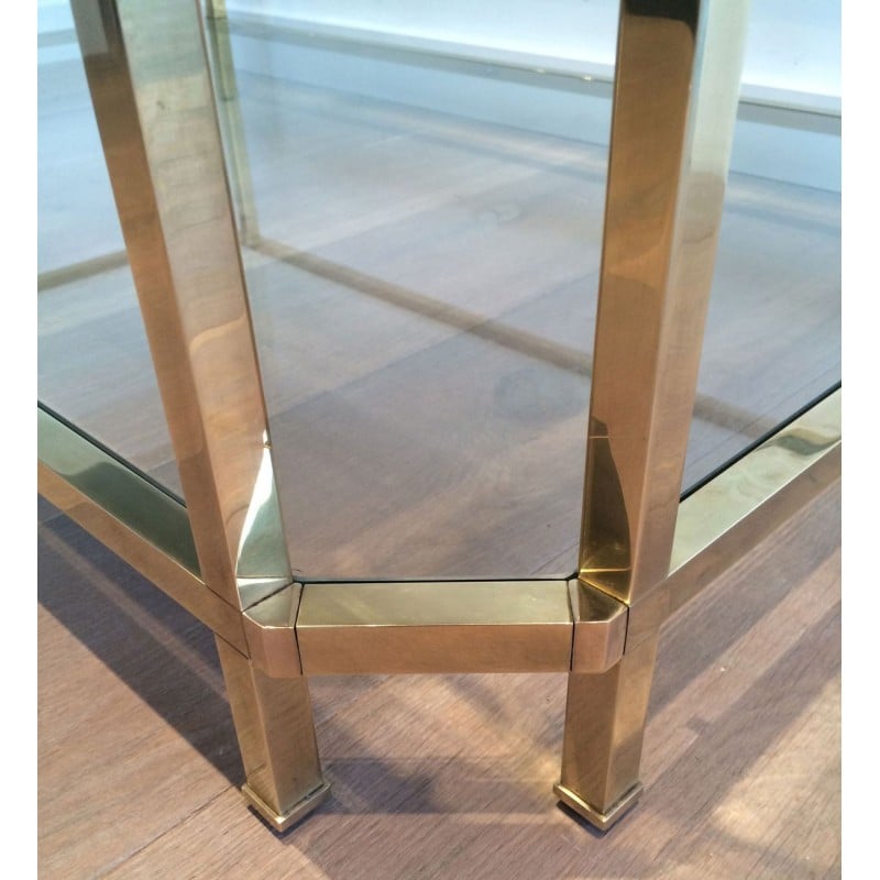 Vintage octagonal coffee table in brass and glass, France 1970