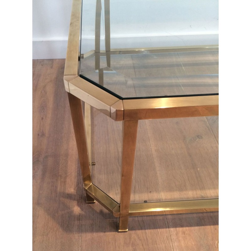 Vintage octagonal coffee table in brass and glass, France 1970