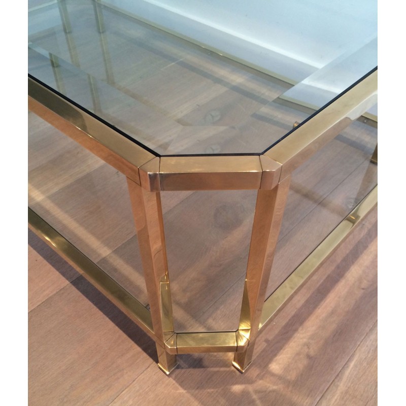 Vintage octagonal coffee table in brass and glass, France 1970