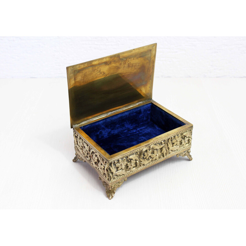 Vintage brass and blue velvet jewelry box, 1960