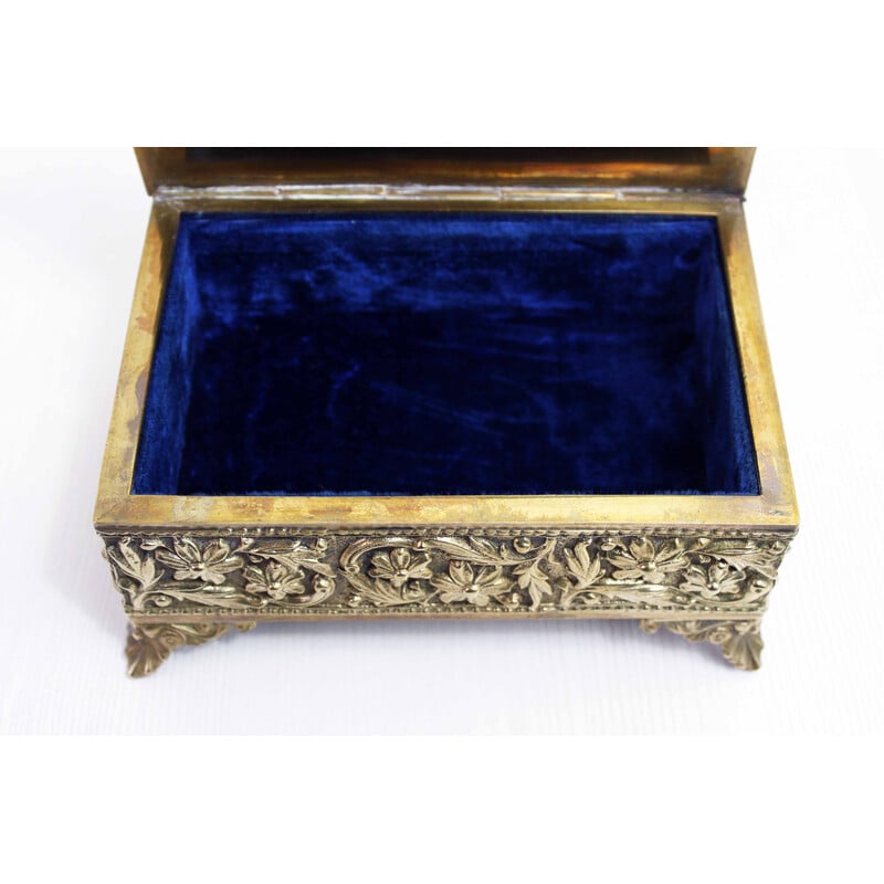 Vintage brass and blue velvet jewelry box, 1960