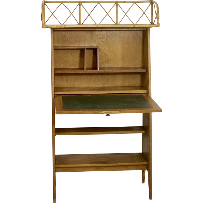 Vintage secretary desk in light wood and rattan, 1960