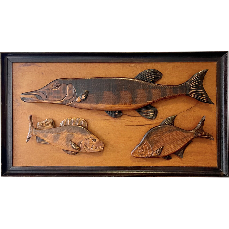 Image de 3 poissons vintage en bois massif, 1970