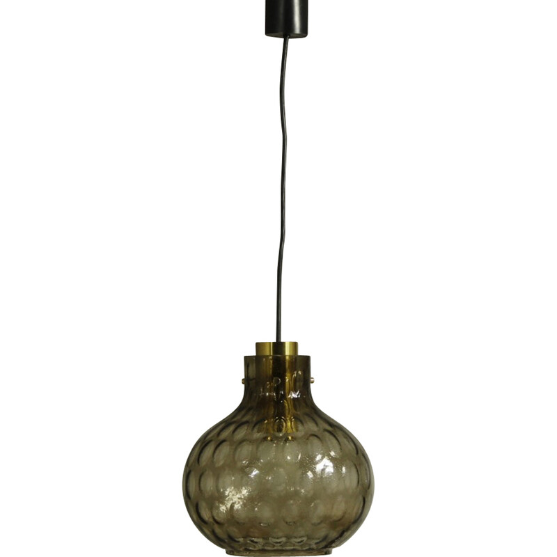 Vintage bubbled glass and brass pendant lamp by Helena Tynell for Limburg, 1960