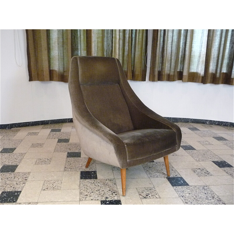 Italian highback brown armchair in velvet - 1950s